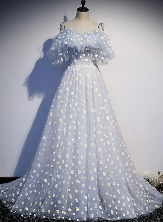 Light blue Tulle Straps Flowers Long Formal Dress, Blue Prom Dress Party Dress