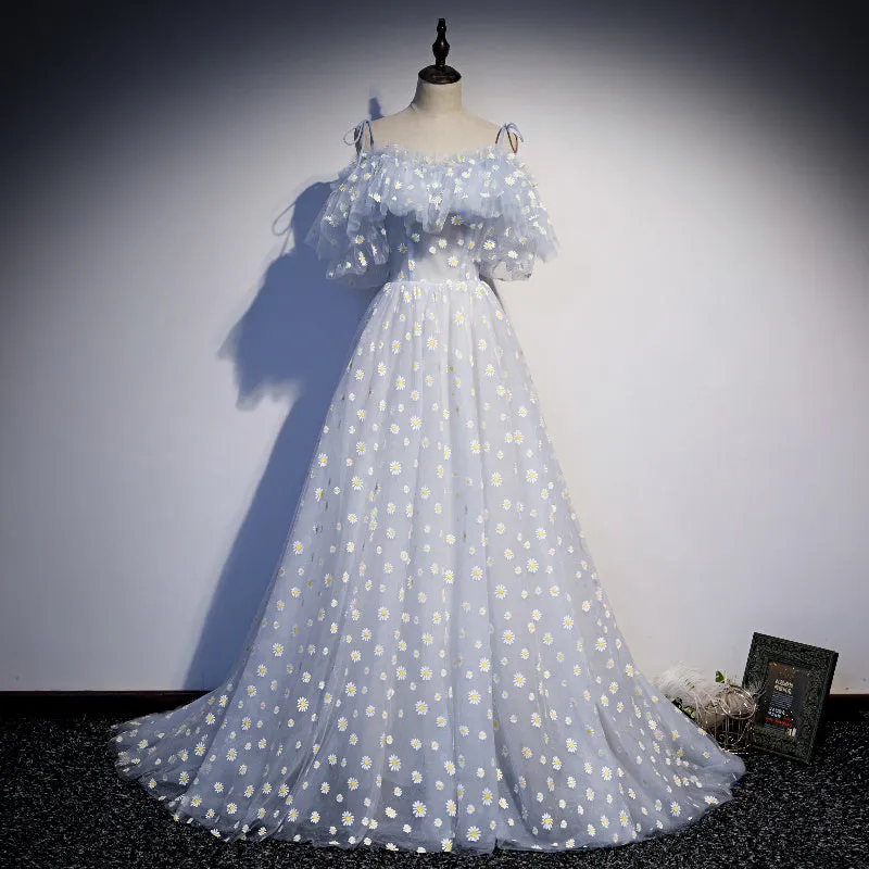 Light blue Tulle Straps Flowers Long Formal Dress, Blue Prom Dress Party Dress