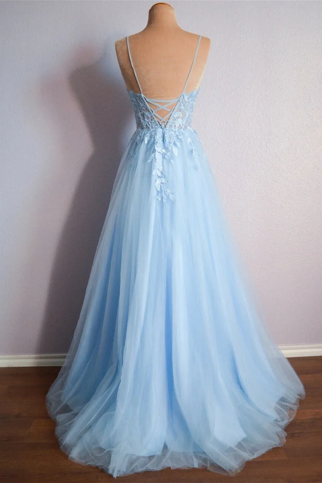 Light Blue V Neck Appliques Long Prom Dress Evening Dress  TP1227