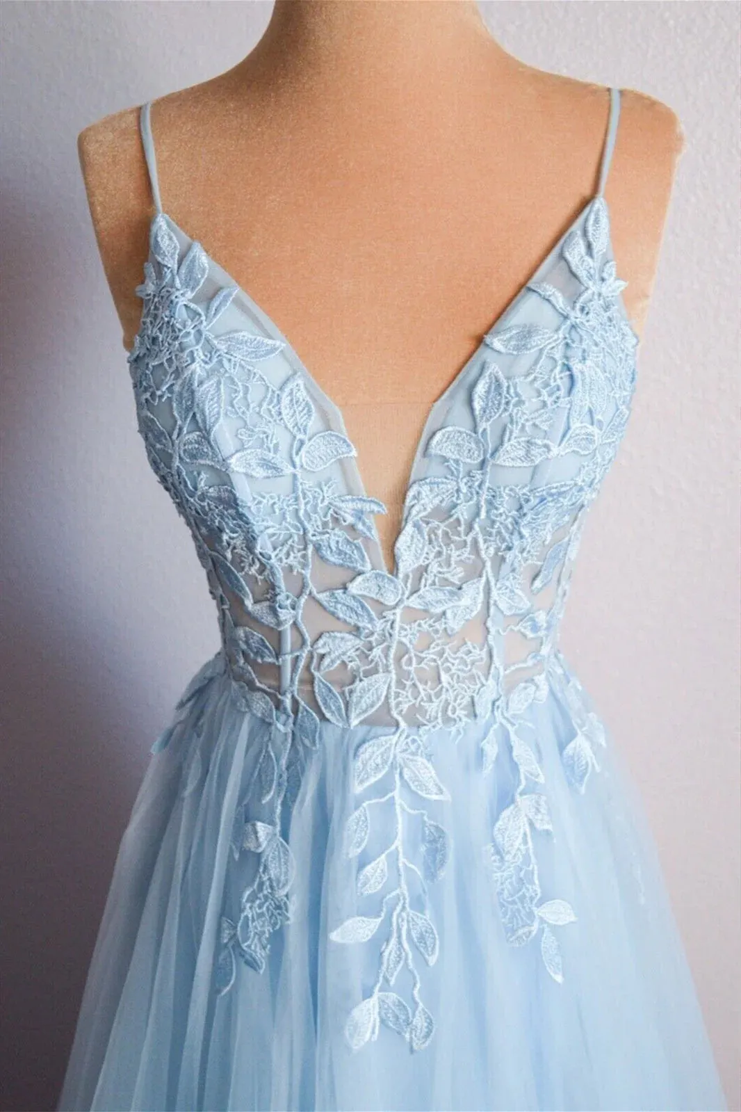Light Blue V Neck Appliques Long Prom Dress Evening Dress  TP1227