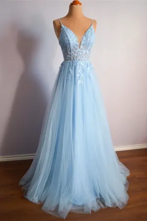 Light Blue V Neck Appliques Long Prom Dress Evening Dress  TP1227