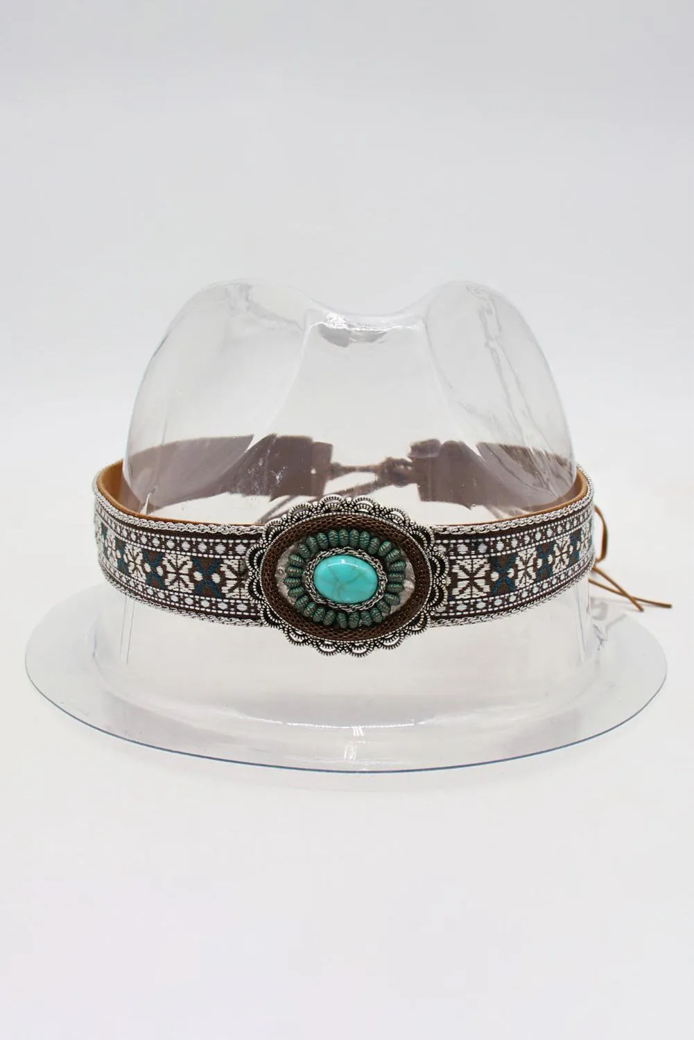 Light Blue Western Pattern Turquoise Decor Lace-up PU Leather Hat Band
