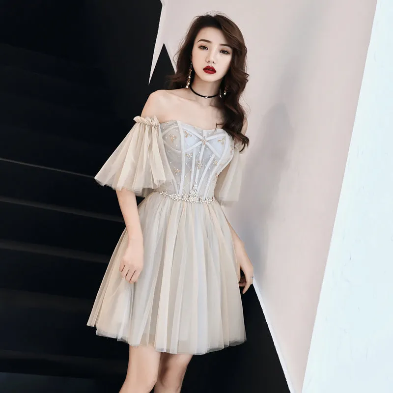 Light Champagne Tulle Beaded Sweetheart Homecoming Dress, Short Prom Dress