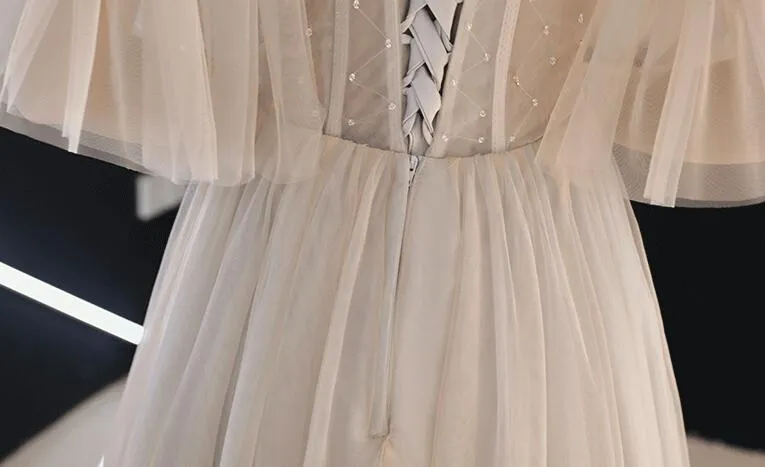 Light Champagne Tulle Beaded Sweetheart Homecoming Dress, Short Prom Dress