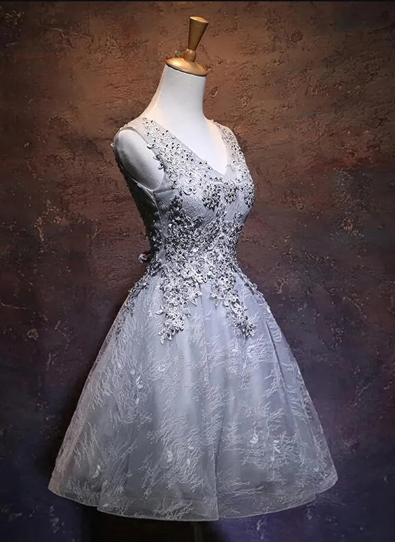 Light Grey Short V-neckline Lace Applique Party Dress, Grey Homecoming Dress