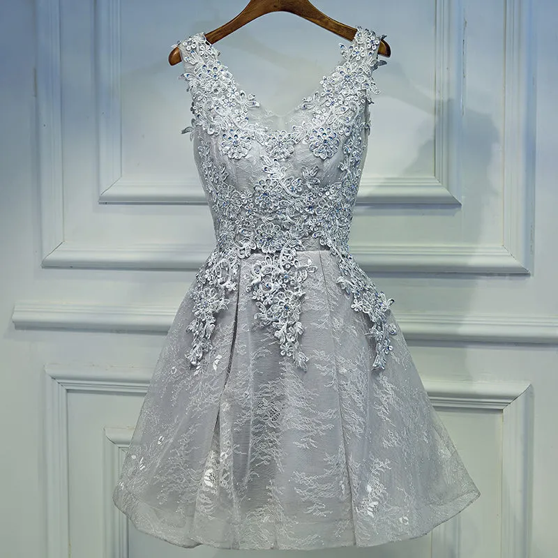 Light Grey Short V-neckline Lace Applique Party Dress, Grey Homecoming Dress