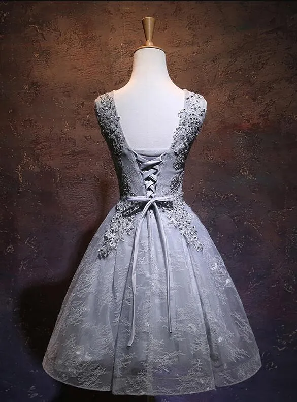 Light Grey Short V-neckline Lace Applique Party Dress, Grey Homecoming Dress