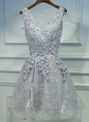 Light Grey Short V-neckline Lace Applique Party Dress, Grey Homecoming Dress