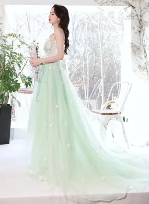 Light Mint Green Flowers Beautiful Long Tulle Party Dress, Light Green Formal Dress Evening Dress