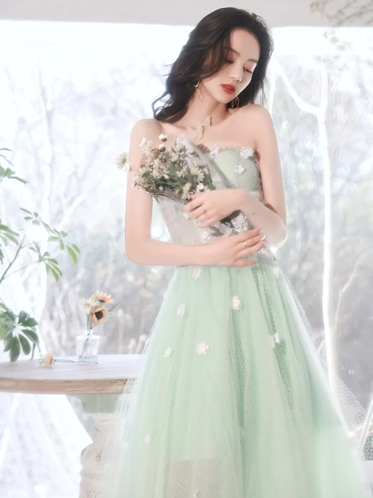 Light Mint Green Flowers Beautiful Long Tulle Party Dress, Light Green Formal Dress Evening Dress