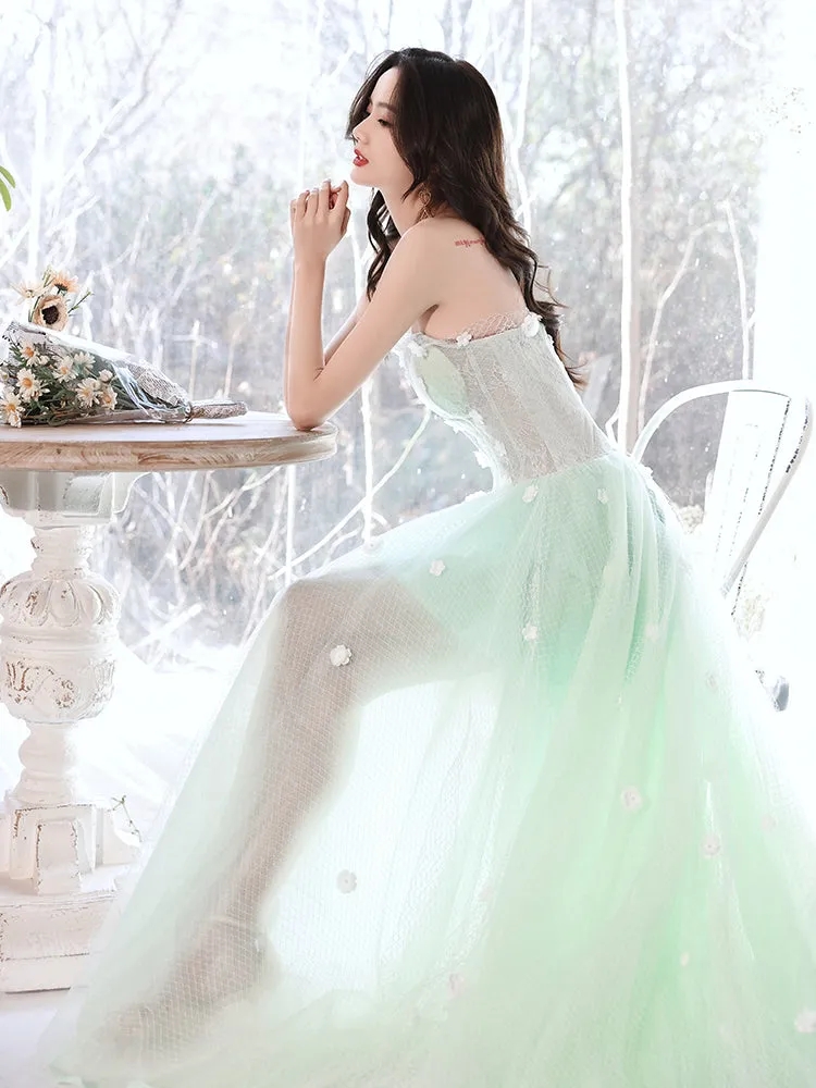 Light Mint Green Flowers Beautiful Long Tulle Party Dress, Light Green Formal Dress Evening Dress