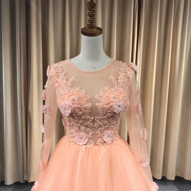 Light Orange Tulle Long Sleeves with Lace Party Dress, Long Prom Dress Formal Dress