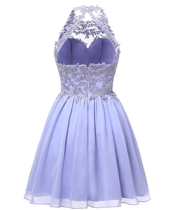 Light Pink Halter Chiffon Lace Applique Party Dress, Handmade Formal Dress