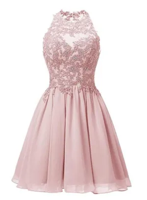 Light Pink Halter Chiffon Lace Applique Party Dress, Handmade Formal Dress