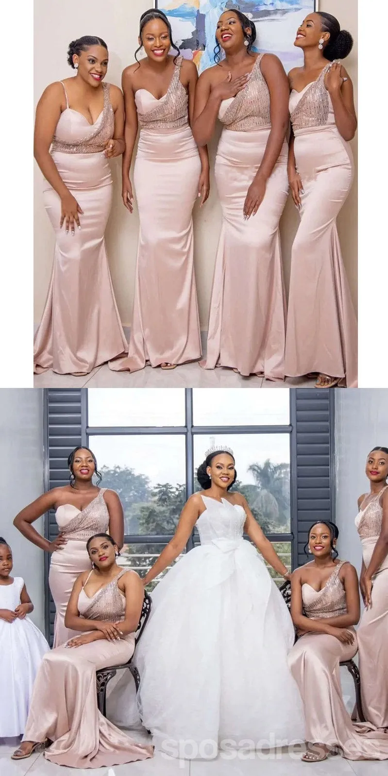 Light Pink Mermaid One Shoulder Cheap Long Bridesmaid Dresses,WG1443