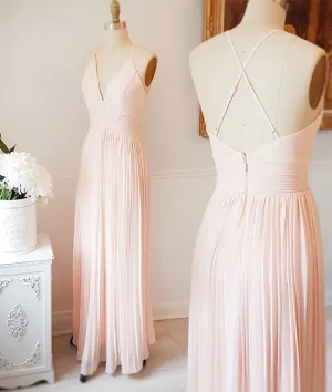 light pink v neck chiffon long prom dress, pink evening dress