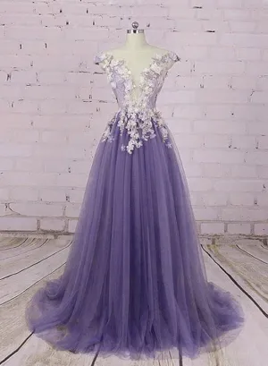Light Purple Tulle Floral Long A-line Prom Dress Wedding Party Dress, Lace Flowers Party Dress