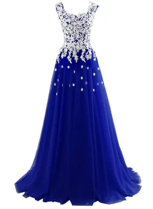 Long Blue Tulle Prom Dresses,White Appliques Princess Dress, Wedding Party Dress