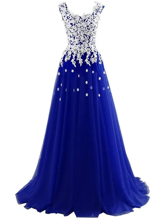 Long Blue Tulle Prom Dresses,White Appliques Princess Dress, Wedding Party Dress