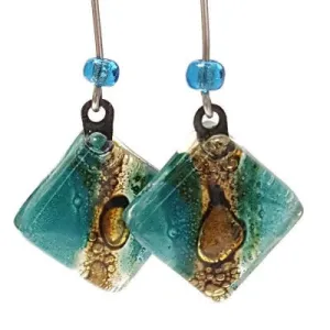 Long Teal Diamond Shaped Recycled fused glass earrings. Casual contemporary jewelry. Eco Fashion for women.