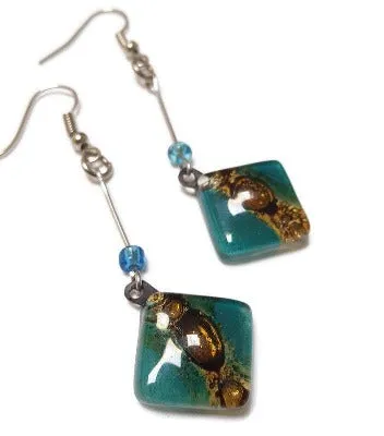 Long Teal Diamond Shaped Recycled fused glass earrings. Casual contemporary jewelry. Eco Fashion for women.
