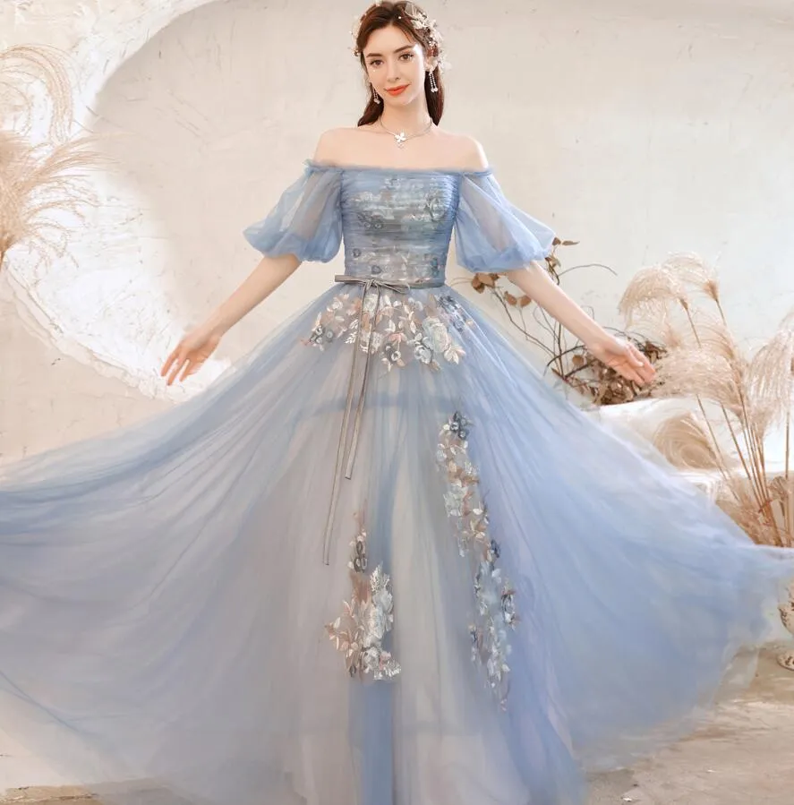 Lovely Blue Tulle with Lace Long Off Shoulder Formal Dresses, Blue Evening Gowns