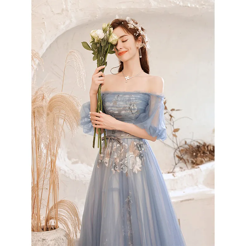 Lovely Blue Tulle with Lace Long Off Shoulder Formal Dresses, Blue Evening Gowns