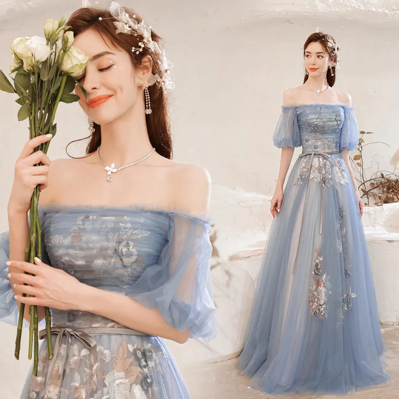 Lovely Blue Tulle with Lace Long Off Shoulder Formal Dresses, Blue Evening Gowns