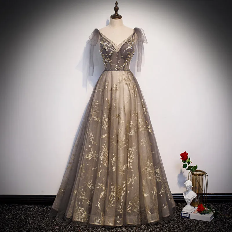 Lovely Champagne V-neckline Tulle Long Prom Dress Party Dress, Formal Gown