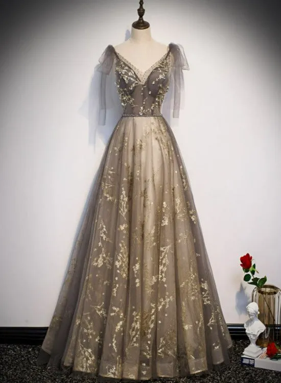 Lovely Champagne V-neckline Tulle Long Prom Dress Party Dress, Formal Gown