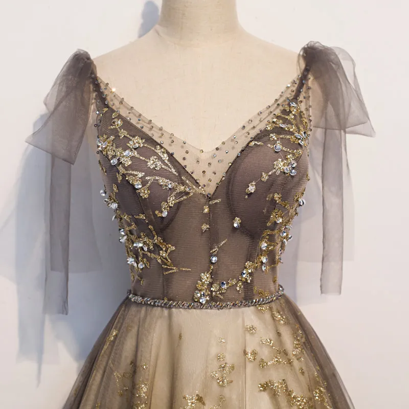 Lovely Champagne V-neckline Tulle Long Prom Dress Party Dress, Formal Gown