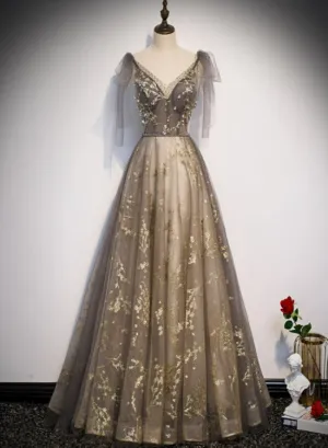 Lovely Champagne V-neckline Tulle Long Prom Dress Party Dress, Formal Gown