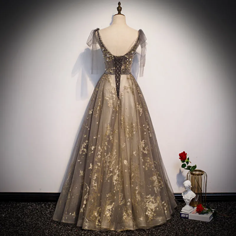 Lovely Champagne V-neckline Tulle Long Prom Dress Party Dress, Formal Gown