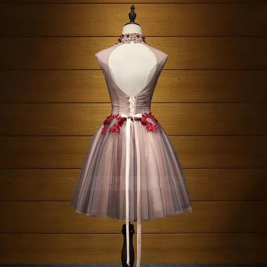 Lovely Halter Beaded and Red Applique Knee Length Formal Dress, Cute Party Dresses, Homecoming Dress