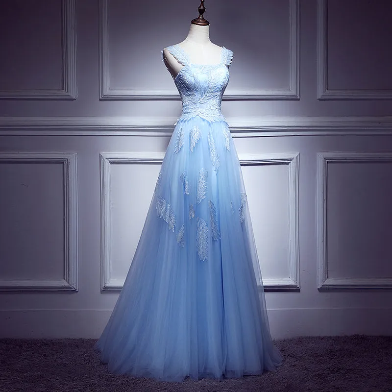 Lovely Light Blue Lace Applique Tulle Prom Dress, Blue Junior Party Dress Formal Dress