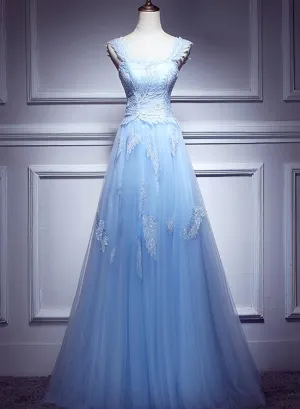 Lovely Light Blue Lace Applique Tulle Prom Dress, Blue Junior Party Dress Formal Dress