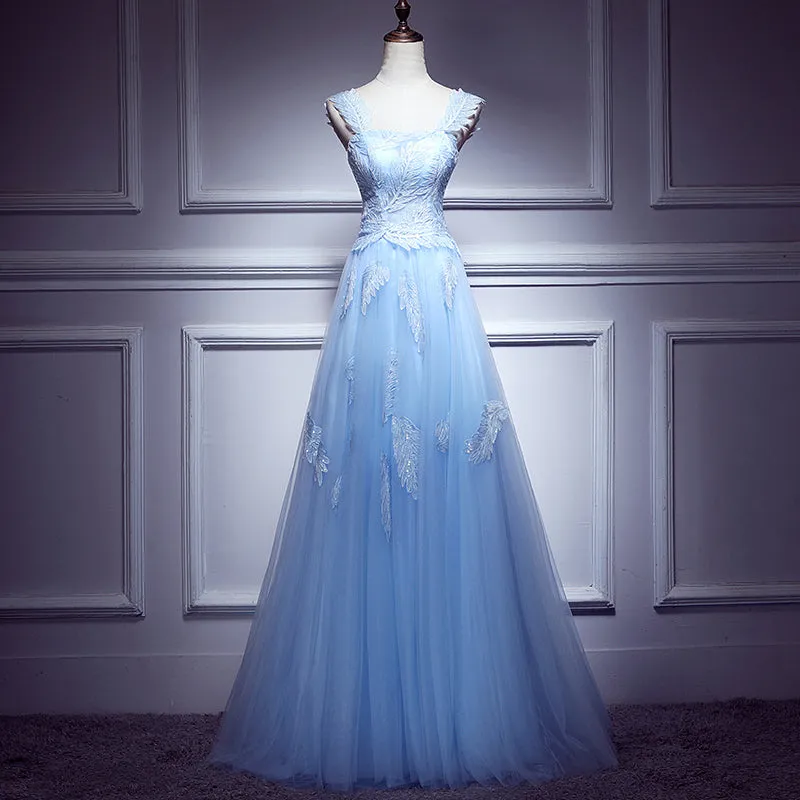 Lovely Light Blue Lace Applique Tulle Prom Dress, Blue Junior Party Dress Formal Dress
