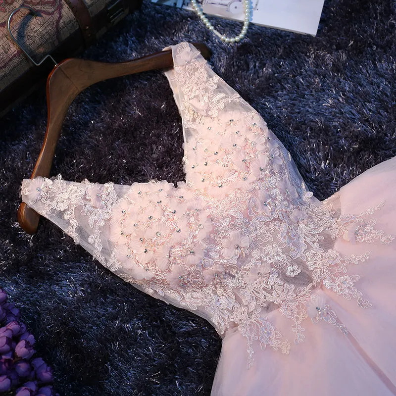 Lovely Pink V-neckline Lace Applique Tulle Party Dress, Short Pink Formal Dress