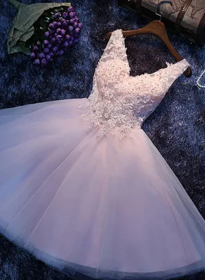 Lovely Pink V-neckline Lace Applique Tulle Party Dress, Short Pink Formal Dress