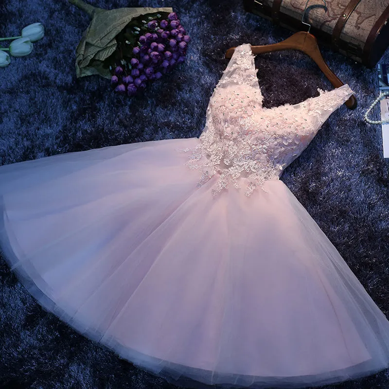 Lovely Pink V-neckline Lace Applique Tulle Party Dress, Short Pink Formal Dress