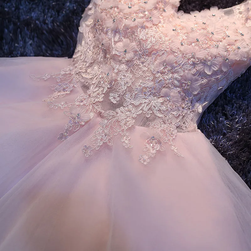 Lovely Pink V-neckline Lace Applique Tulle Party Dress, Short Pink Formal Dress