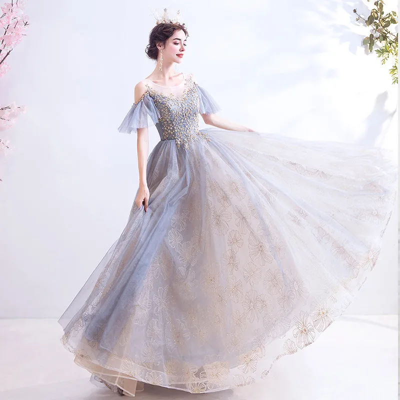 Lovely Tulle with Lace Off Shoulder Long Prom Dress, Straps Evening Formal Dresses