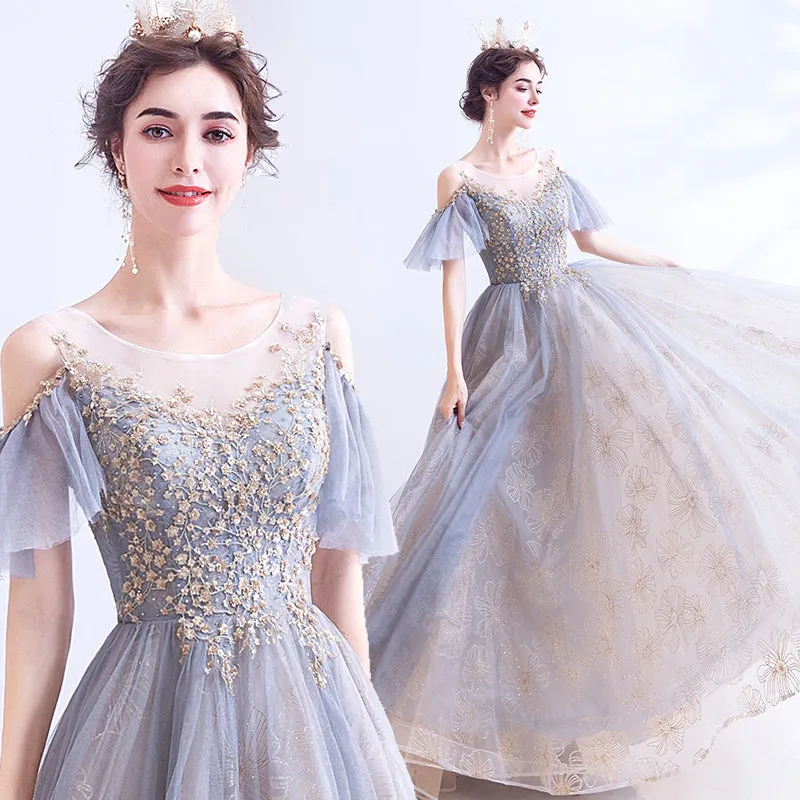 Lovely Tulle with Lace Off Shoulder Long Prom Dress, Straps Evening Formal Dresses