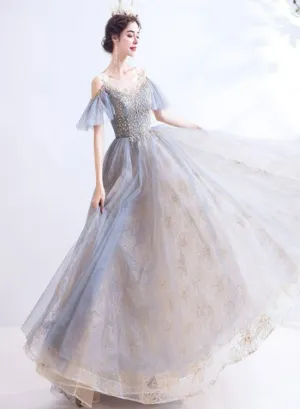 Lovely Tulle with Lace Off Shoulder Long Prom Dress, Straps Evening Formal Dresses
