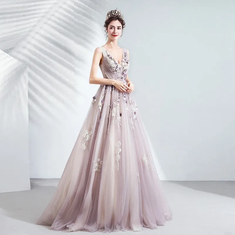 Lovely V-neckline Floral Lace A-line Elegant Wedding Party Dress, Charming Prom Dress Party Dresses