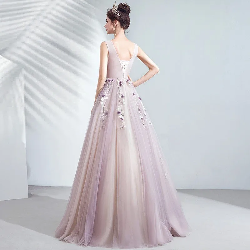 Lovely V-neckline Floral Lace A-line Elegant Wedding Party Dress, Charming Prom Dress Party Dresses