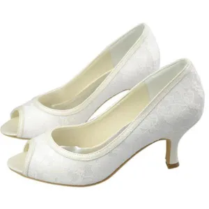 Low Heel Lace Peep Toe Handmade Ivory Nice Wedding Party Shoes WS04