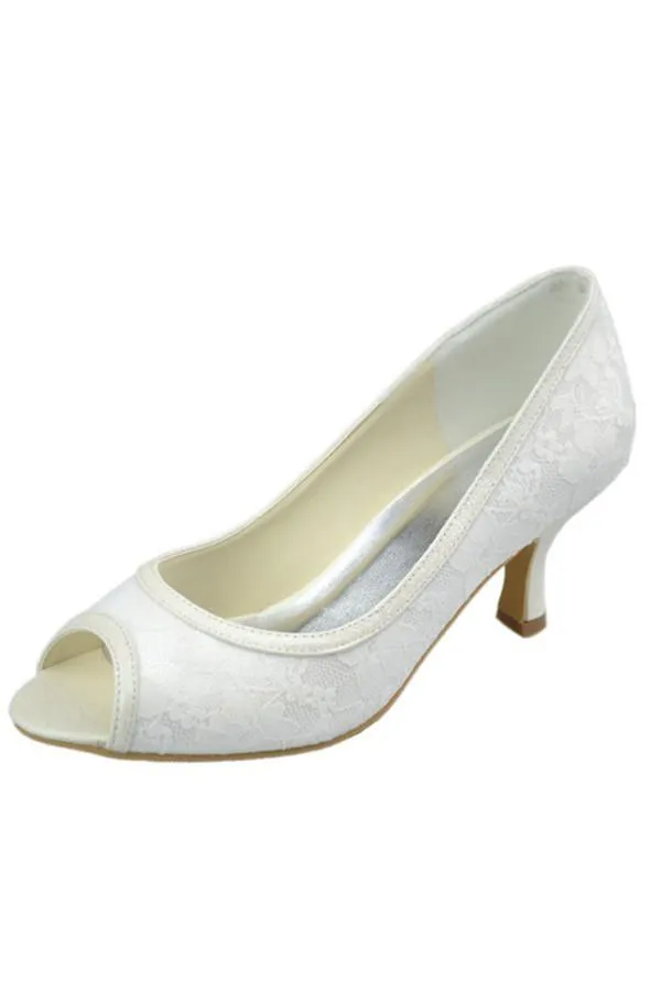 Low Heel Lace Peep Toe Handmade Ivory Nice Wedding Party Shoes WS04