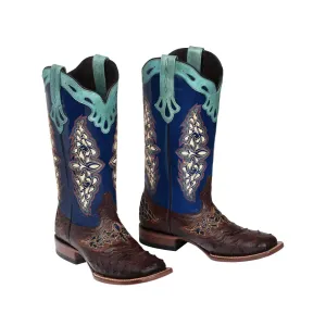 Lucchese Women's Brown Ostrich Boots with Blue Top with Embroidery