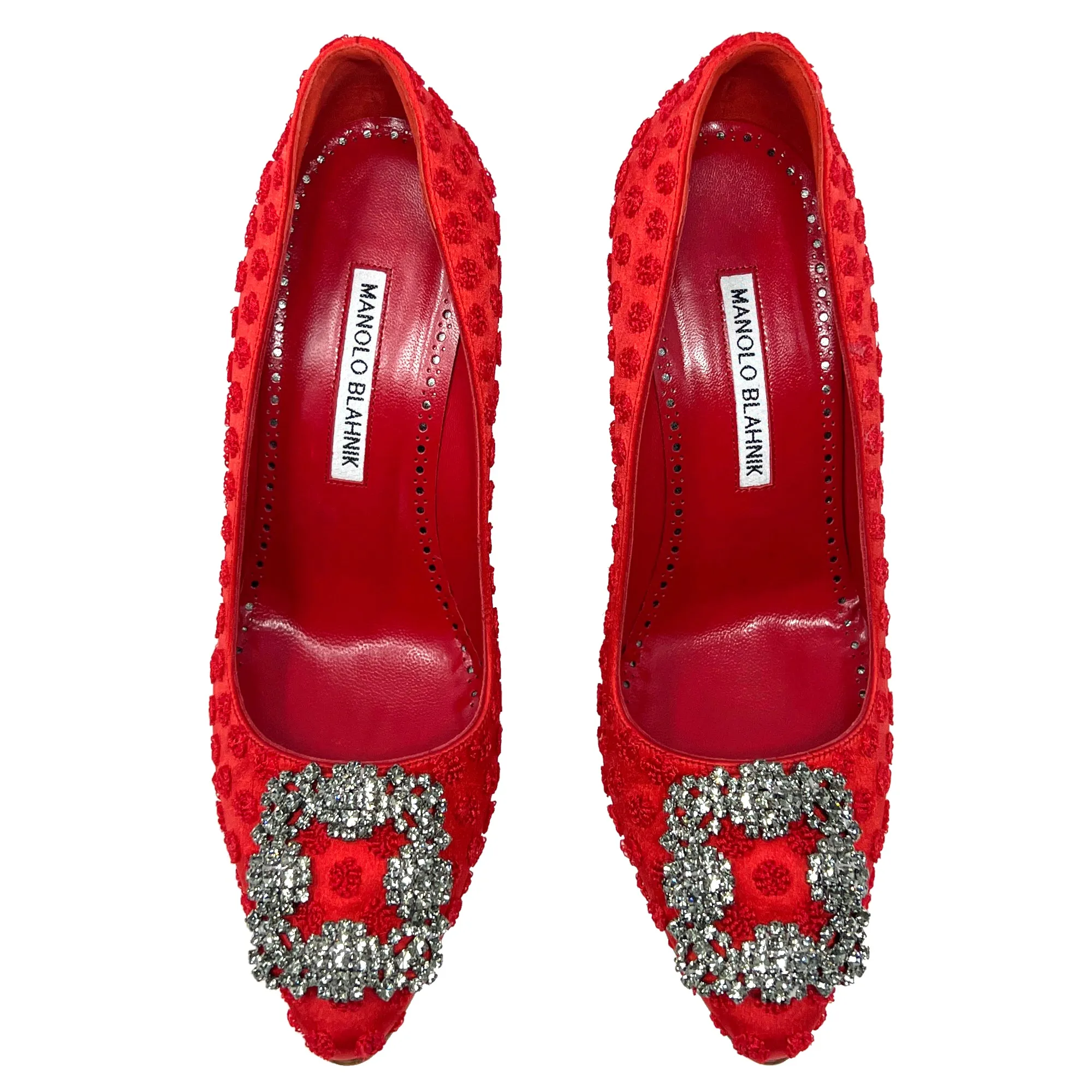 Manolo Blahnik Red Textured Satin Hangisi Crystal Buckle Pointed Toe Heels Pumps Size EU 36.5